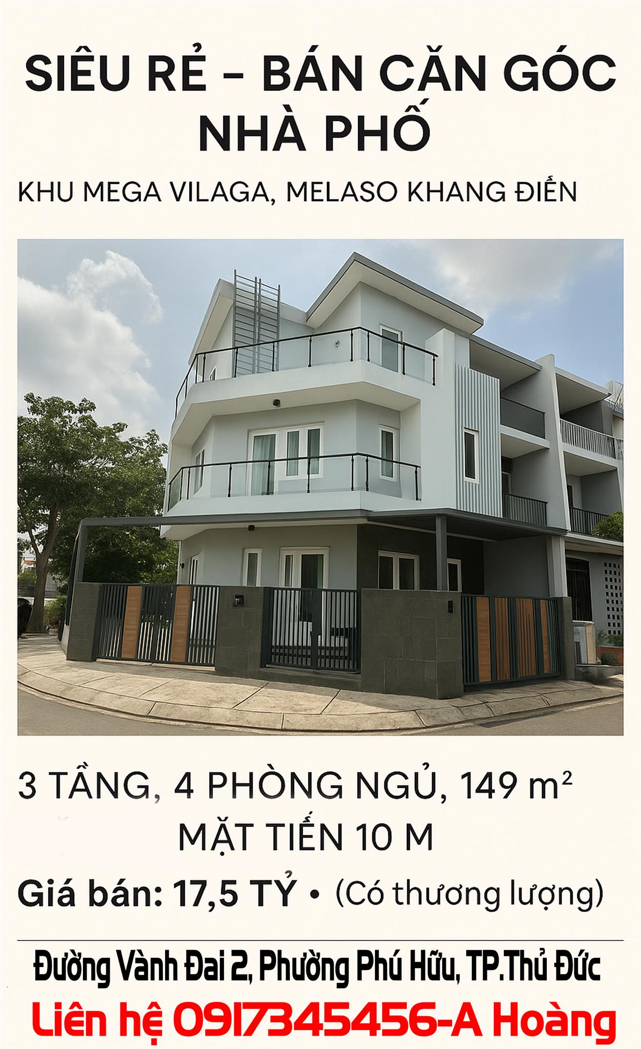 SIÊU RẺ- BÁN CĂN GÓC NHÀ PHỐ KHU MEGA VILAGA, MELASO KHANG ĐIỀN 3TẦNG, 4PN, 149M2 - Ảnh chính